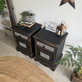 Pair of Pine Bedsides Painted Rustic Black and White Patterned