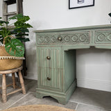 Vintage Rustic Carved Oak Desk, Painted in Farmhouse Green