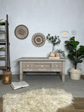 Boho Bone Inlay Style Pine Coffee Table, Painted in Neutral Tan and White Tones