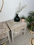 Boho Bone Inlay Style Rustic Pair of Side Tables Painted Tan and White