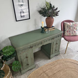 Vintage Rustic Carved Oak Desk, Painted in Farmhouse Green