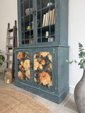 Rustic Glass Display Cabinet Painted Blue and Floral