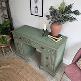 Vintage Rustic Carved Oak Desk, Painted in Farmhouse Green
