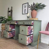 Vintage Rustic Carved Oak Desk, Painted in Farmhouse Green