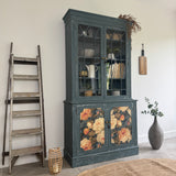 Rustic Glass Display Cabinet Painted Blue and Floral