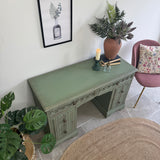 Vintage Rustic Carved Oak Desk, Painted in Farmhouse Green