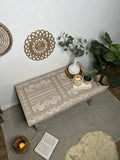 Boho Bone Inlay Style Pine Coffee Table, Painted in Neutral Tan and White Tones