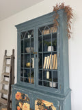 Rustic Glass Display Cabinet Painted Blue and Floral