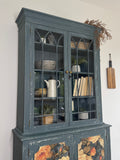 Rustic Glass Display Cabinet Painted Blue and Floral