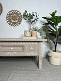 Boho Bone Inlay Style Pine Coffee Table, Painted in Neutral Tan and White Tones