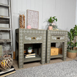 Pair of rustic solid wooden bedside tables painted green with bone inlay pattern