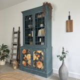 Rustic Glass Display Cabinet Painted Blue and Floral