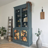 Rustic Glass Display Cabinet Painted Blue and Floral