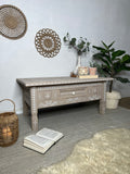 Boho Bone Inlay Style Pine Coffee Table, Painted in Neutral Tan and White Tones