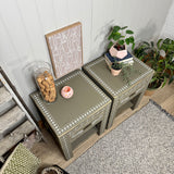 Pair of rustic solid wooden bedside tables painted green with bone inlay pattern