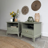 Stag Minstrel Pair of Bedside Drawers / Tables painted Sage Green