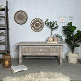 Boho Bone Inlay Style Pine Coffee Table, Painted in Neutral Tan and White Tones