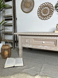 Boho Bone Inlay Style Pine Coffee Table, Painted in Neutral Tan and White Tones
