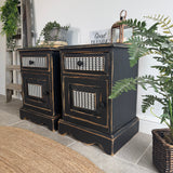 Pair of Pine Bedsides Painted Rustic Black and White Patterned