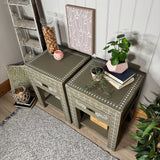 Pair of rustic solid wooden bedside tables painted green with bone inlay pattern