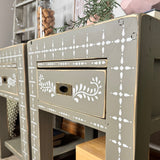 Pair of rustic solid wooden bedside tables painted green with bone inlay pattern