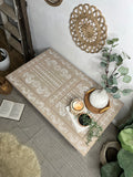 Boho Bone Inlay Style Pine Coffee Table, Painted in Neutral Tan and White Tones