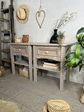 Boho Bone Inlay Style Rustic Pair of Side Tables Painted Tan and White
