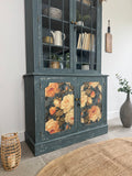Rustic Glass Display Cabinet Painted Blue and Floral