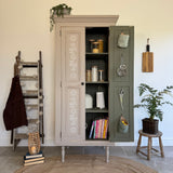 Freestanding Pine Pantry Larder Linen Cupboard, Painted Rustic Beige and White