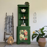 Vibrant Green Floral Corner Cupboard