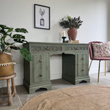 Vintage Rustic Carved Oak Desk, Painted in Farmhouse Green