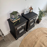 Pair of Pine Bedsides Painted Rustic Black and White Patterned