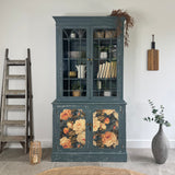 Rustic Glass Display Cabinet Painted Blue and Floral