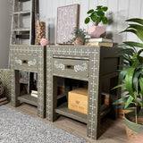 Pair of rustic solid wooden bedside tables painted green with bone inlay pattern