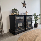 Pair of Pine Bedsides Painted Rustic Black and White Patterned