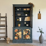 Rustic Glass Display Cabinet Painted Blue and Floral