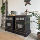 Pair of Pine Bedsides Painted Rustic Black and White Patterned