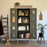 Freestanding Pine Pantry Larder Linen Cupboard, Painted Rustic Beige and White