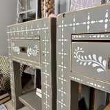 Pair of rustic solid wooden bedside tables painted green with bone inlay pattern