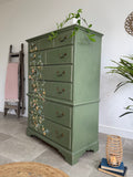 Tall Chest of Drawers Painted Rustic Dark Green with Birds and Floral Decor