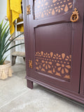 Vintage Carved Sideboard Painted Dark Plum Brown with Copper Detailing