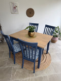 4 Seater Rustic Dining Table and Chairs Painted Blue with Patterned Fabric Cushioned Seats
