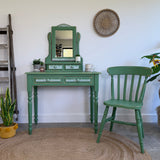 Boho Style Pine Dressing Table, Mirror and Chair Painted Green and Patterned