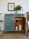 Vintage Cottage Style Console Cabinet / Sideboard painted in rustic chippy blue with birds and florals