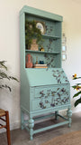 Secretary Bureau Desk Painted Light Blue with Floral Decor