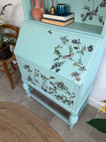 Secretary Bureau Desk Painted Light Blue with Floral Decor