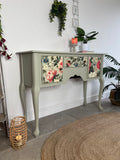 Pretty Light Green and Colourful Floral Console Table with Cupboards and Drawer