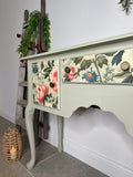 Pretty Light Green and Colourful Floral Console Table with Cupboards and Drawer