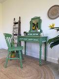 Boho Style Pine Dressing Table, Mirror and Chair Painted Green and Patterned
