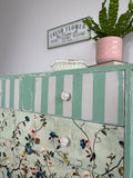Handmade Chest of Drawers, Painted in Green and Cream with a Colourful Floral Design